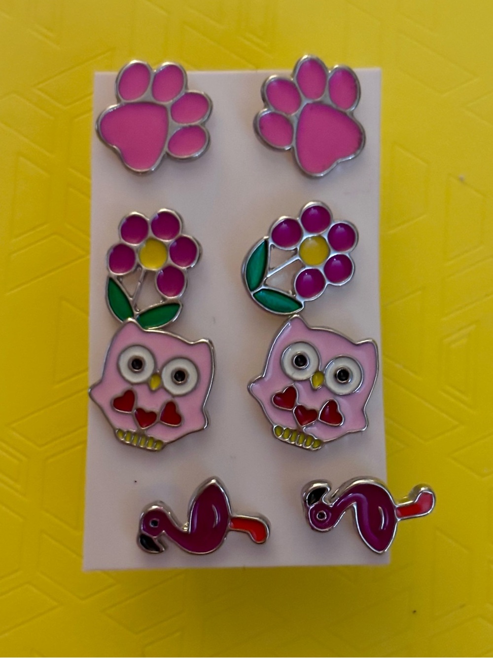 Kids Pink Owl, Paw & Flower Stud Earring Set Hypoallergenic
